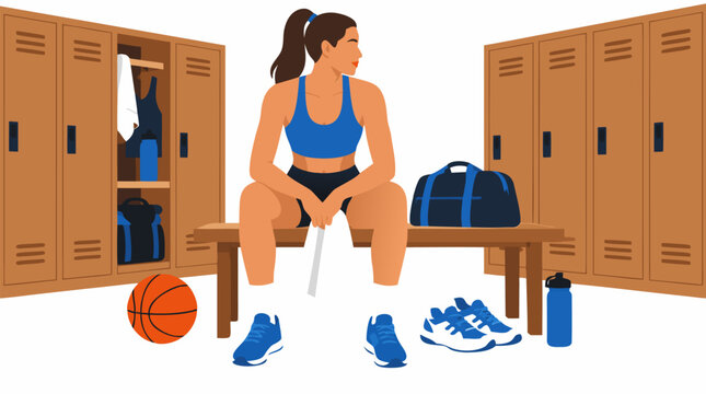 Athletic woman in blue sports top and shorts resting on wooden bench holding towel in gym locker room with basketball sneakers and gym bag in fitness wellness flat vector graphic illustration