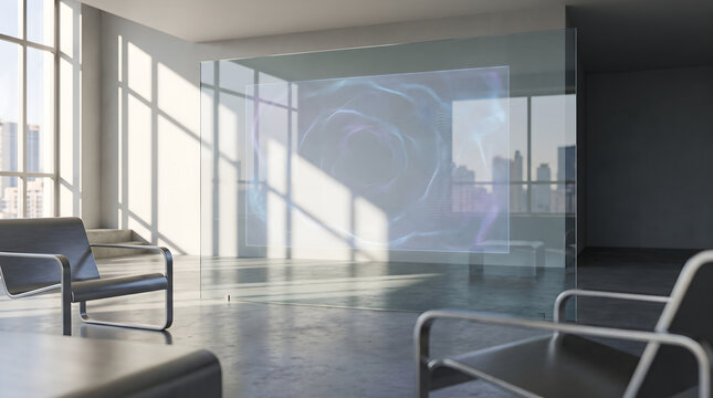 A modern virtual television set with a holographic display interface floating in a sunlit contemporary living space