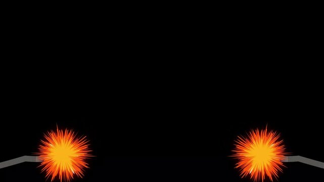 Glowing orange spark burning down bomb fuse wire, dynamic 2D vector graphic animation, danger warning signal, bright fire spark moving downward on wavy line on black background. 4k video