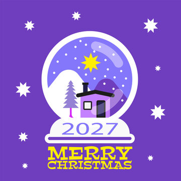2027 Merry Christmas Snow Globe with Winter House and Christmas Trees &ndash; Festive Holiday Illustration