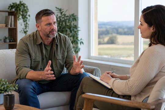 Adult man gesturing during psychotherapy session with female counselor. Rural therapy consultation and mental health support