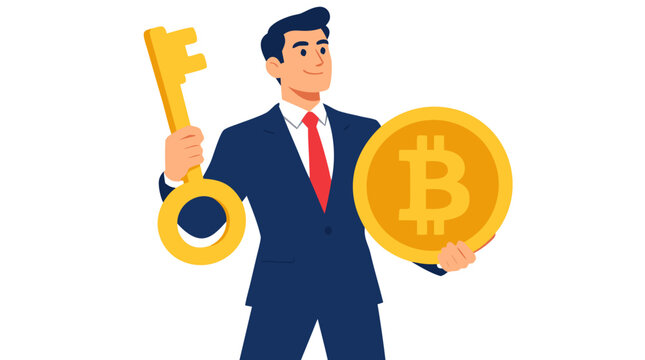 Confident businessman in a navy suit holds a giant golden key and an oversized bitcoin cryptocurrency coin in this digital finance and security vector illustration over a white background