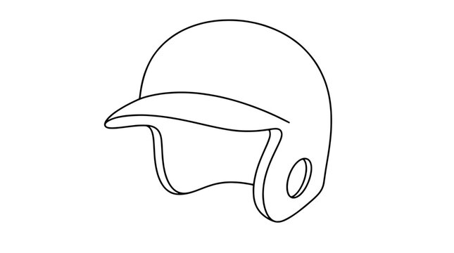 Black outline line art illustration of a protective baseball batter helmet with extended ear flap and ventilation opening drawn with thin lines in side view capturing smooth curved crown and brim