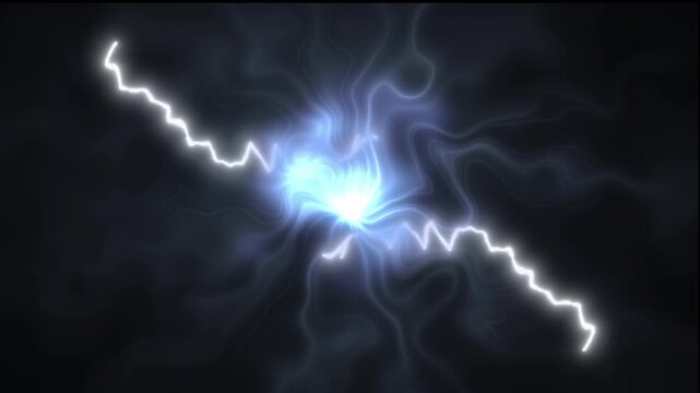 Blue electric lightning burst energy flash effect isolated on transparent background, black background storm scene, cinematic thunder flash with optical flare, 4k overlay