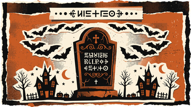 Vintage Halloween vector illustration, spooky graveyard with tombstone and flying bats, retro haunted house scene with pumpkins and crescent moon