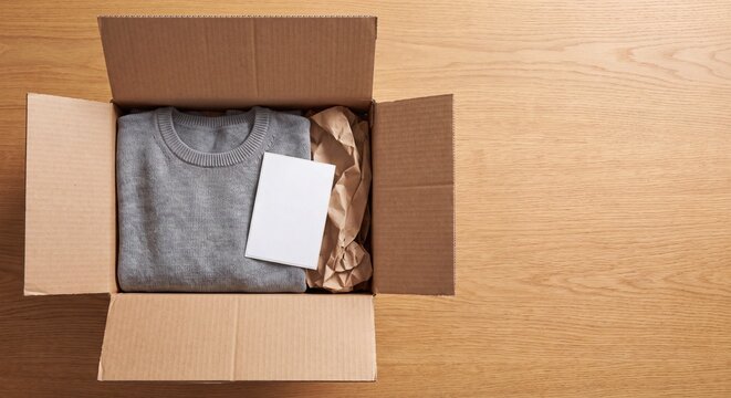 Open cardboard box with folded sweater and blank card for online shopping return