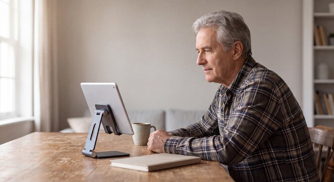 Senior Man Joining Telehealth Video Consultation on Digital Tablet at Home