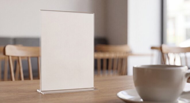 Blank Acrylic Tabletop Menu Stand on Cafe Table Mockup