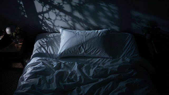 Tree branch shadows falling on empty pillow and bed. Insomnia overthinking and nighttime anxiety concept