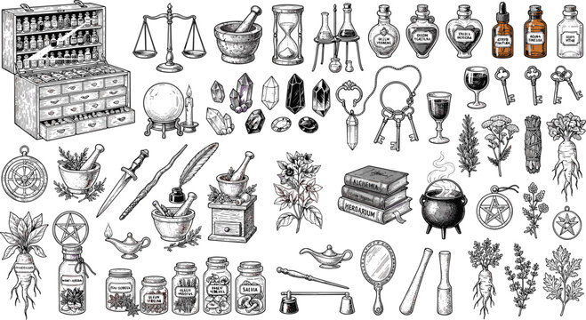 Vintage Alchemy and Witchcraft Vector Set featuring Potion Bottles, Crystals, Cauldrons, Magic Books, Scales, Herbs, and Mortar Pestle for Occult Design