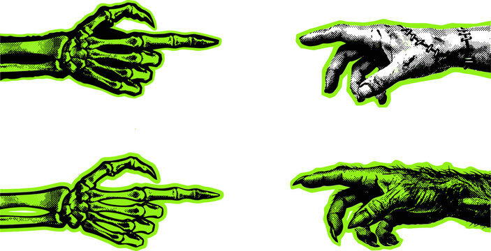Zombie hands and skeleton fingers pointing, neon green glowing monster limbs set, undead creature hands with stitches and claws, horror vector graphics