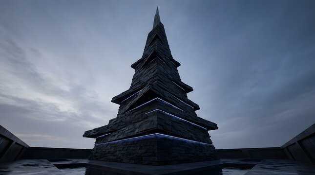 Futuristic Dark Spire Structure with Blue Lights Under a Dramatic Cloudy Sky, Representing a Mysterious Sci-Fi Temple or Fortress