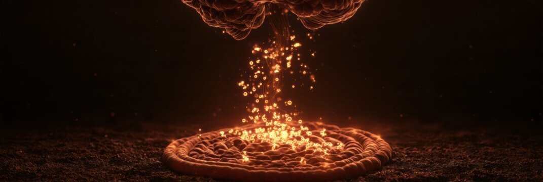 Intestinal cells create glowing serotonin from tryptophan that travels up the vagus nerve to the brain in dark space.