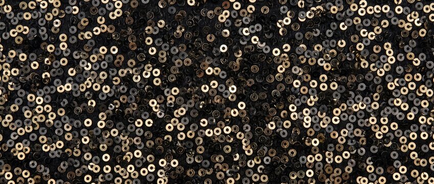 Black and gold sequin fabric texture. Shiny sparkling circles in flat lay composition. Festive holiday party background