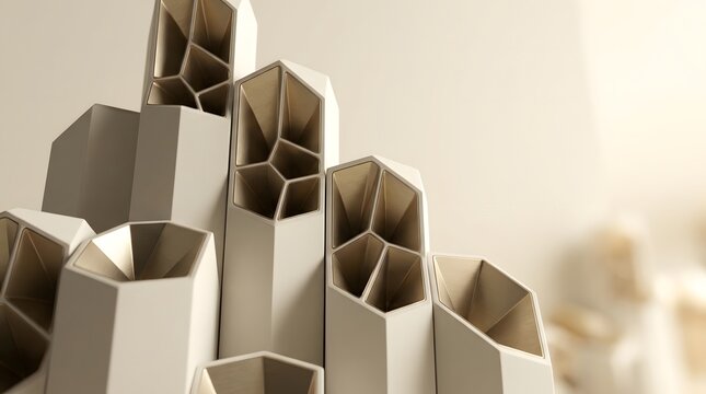 Abstract architectural model made of recycled white cardboard with honeycomb structural pattern for sustainable design concept