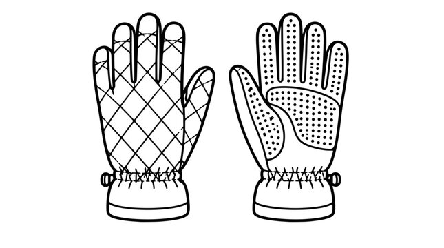 Black outline vector icon of a pair of quilted winter gloves showing diamond stitching on the back and dotted grip texture on the palm with elastic toggle cuffs drawn with bold lines