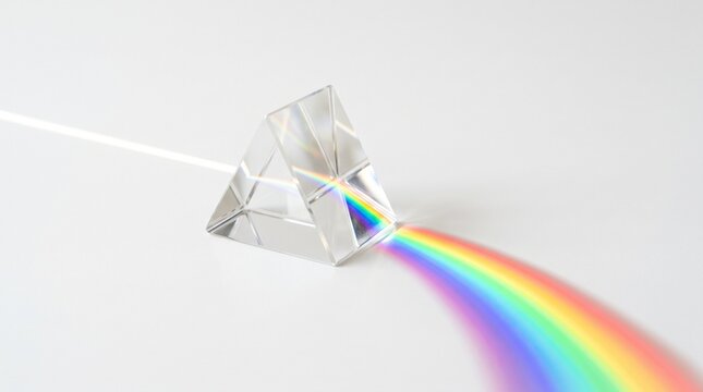 Transparent prism refracting white light into full visible spectrum on clean studio background
