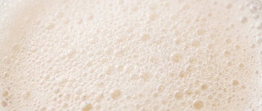 Macro texture of white champagne foam. Close up of dense sparkling wine bubbles. Soft effervescent fizzy beverage background