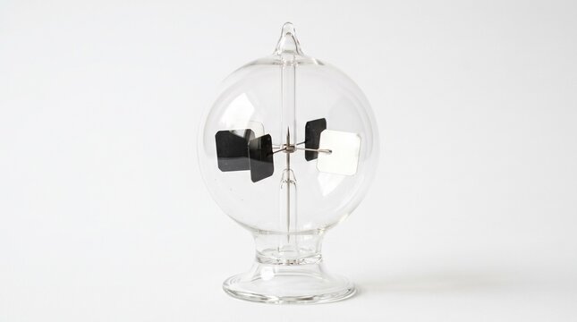 Glass Crookes radiometer with black vanes suspended inside clear spherical vessel for scientific demonstration