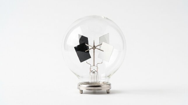 Crookes radiometer with black and white vanes inside clear glass bulb on metallic base