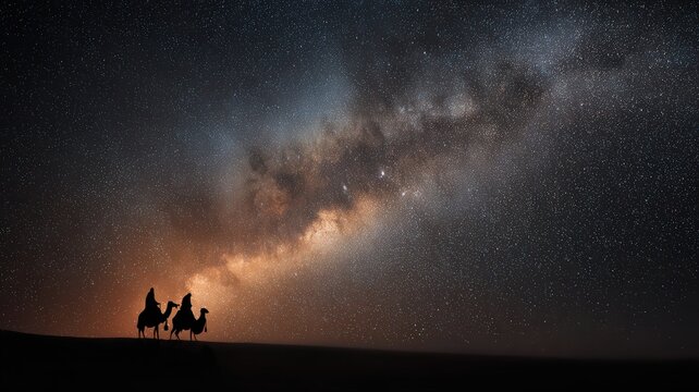 Adventure and exploration travelers on camels crossing desert dunes under the milky way galaxy and starry night sky for travel and tourism inspiration