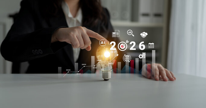 Bar graphs, charts, and number 2026 with AI and data analysis icons symbolizing future business innovation and analytics Parse