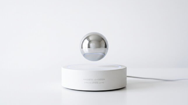 Silver levitating sphere hovering above magnetic ceramic base with white charging pad