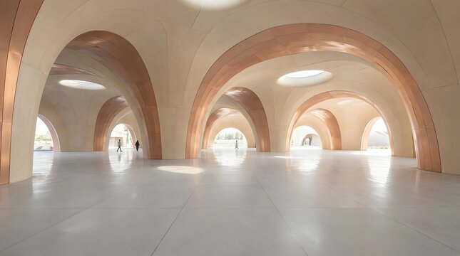 Modern architectural interior with terracotta brick vaulted ceiling and minimalist open floor plan for contemporary commercial space design