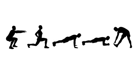 Fototapeta premium Fitness Exercise Icons: Squat, Lunge, Plank, Stretch Silhouette Set for Workout Graphics