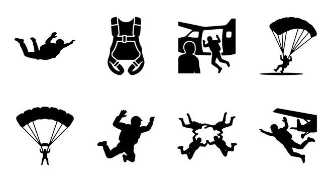 Skydiving Icons, Parachute Jump Silhouettes, Extreme Sports Vector Graphics, Aerial Adventure Set