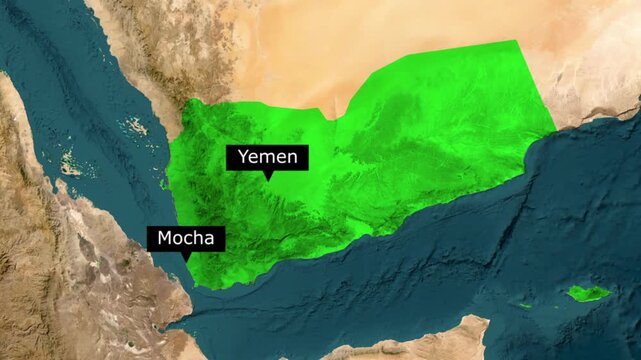 Geographic map highlighting yemen and the coastal port city of mocha with geography