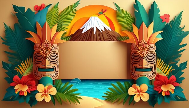 a craft paper tiki scene with a blank central sign polynesian style tiki masks palm leaves flowers in a cut and folded paper style origami style with a hawaiian island look with volcano ocean
