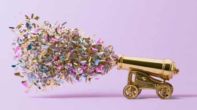 Gold cannon firing colorful confetti stream against pastel background for celebration design