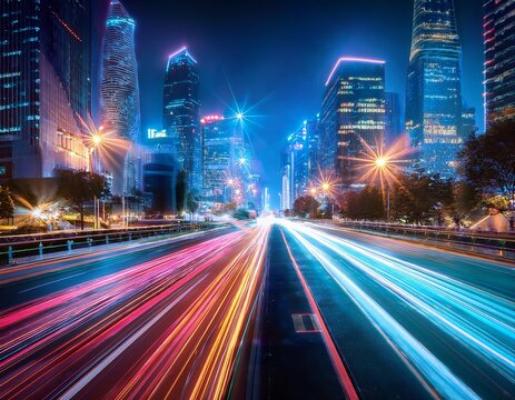 a breathtaking futuristic city street at night illuminated by neon lights and dynamic speed light trails this vibrant scene captures urban energy motion and high tech aesthetics