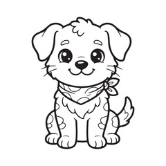 Obraz premium Cute sitting puppy wearing a cowboy bandana, kids coloring page, kawaii black and white line art dog illustration