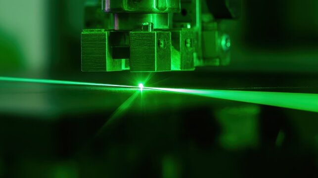 Industrial laser engraving head emitting precise green beam for metal marking and cutting