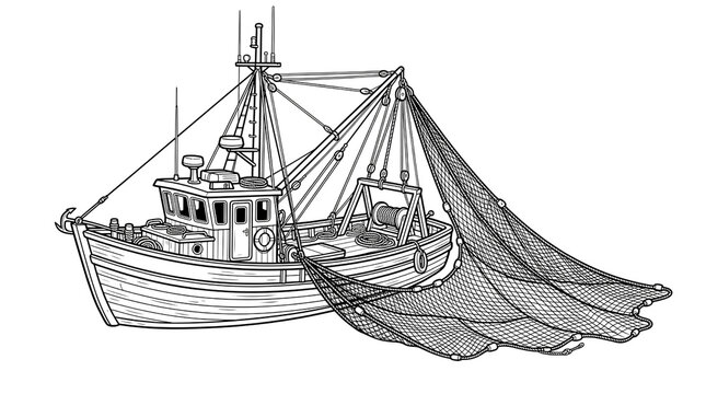 Vintage commercial fishing trawler illustration, nautical boat with large nets, black and white maritime vessel line art for seafood industry branding