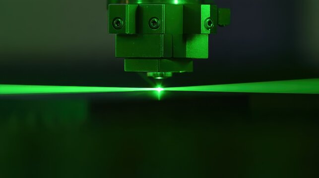 Industrial laser engraving machine head emitting green beam for precision marking on metal surface