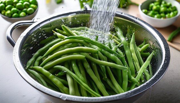 fresh green beans being rinsed under running water in a stainless steel bowl with additional green vegetables visible in the background highlighting a vibrant and healthy food preparation scene
