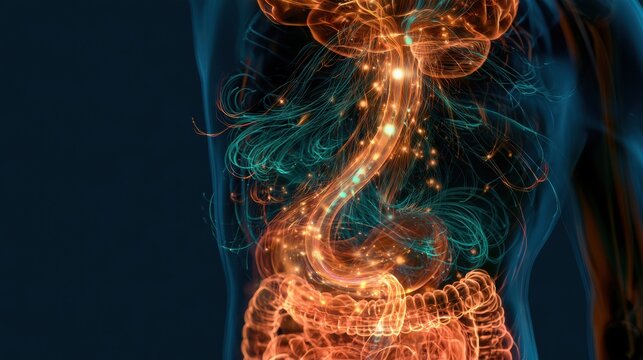 A 3D render illustrates the gut-brain axis with a glowing intestinal tract connected to the brain by a nerve pathway. Light pulses show signals.