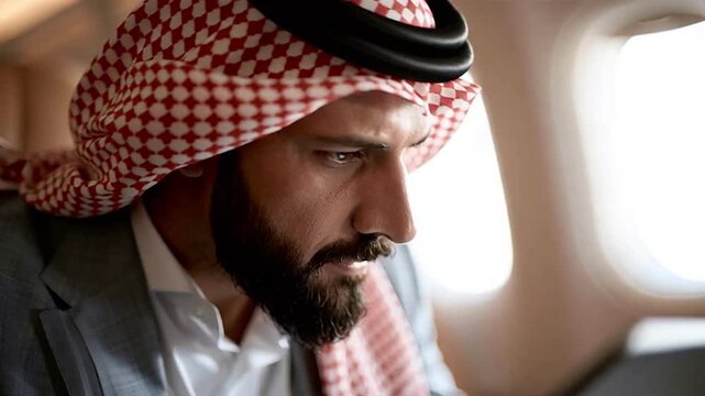 Successful middle eastern entrepreneur wearing traditional clothing and a suit working on a digital tablet while traveling in a luxury first class cabin of a private airplane