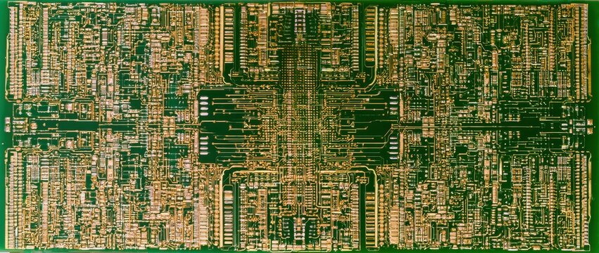Complex green printed circuit board with intricate copper trace layout for electronics manufacturing