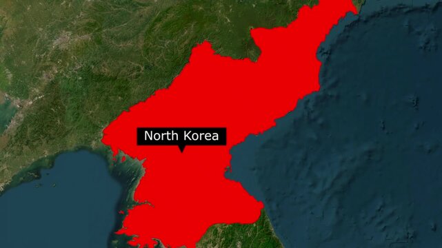 Satellite map of north korea highlighted in red with country label geography satellite territory