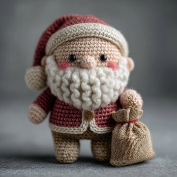 Christmas holiday spirit and festive decor handmade crochet Santa Claus doll with gift sack for winter seasonal celebration and cozy home decoration
