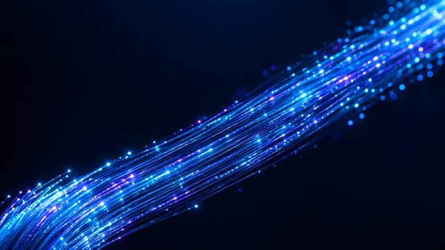 Illuminated fiber optic strands create a dynamic abstract light trail against a dark background