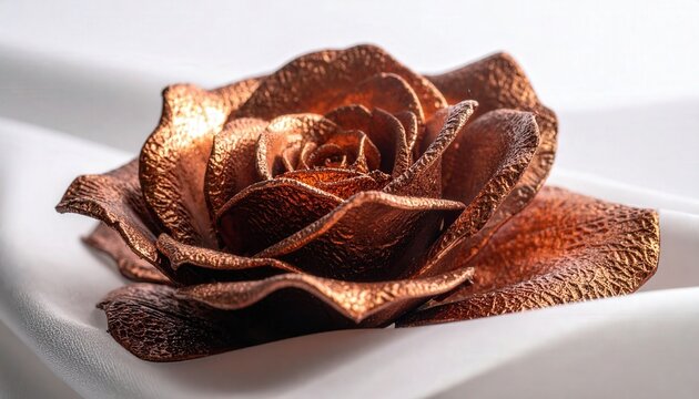 Copper Rose Metallic Flower Sculpture Texture on White Surface