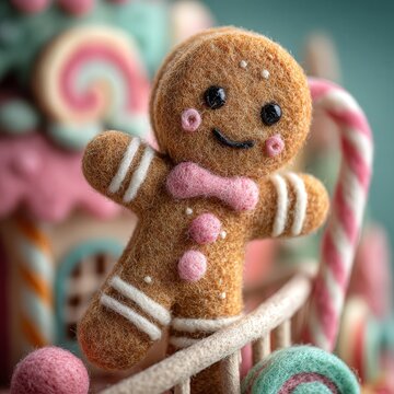Christmas holiday spirit and festive joy felt gingerbread man decoration with candy cane and sweets in a miniature winter wonderland scene Whimsical handmade textile character with soft wool