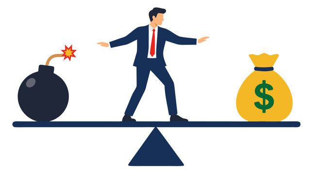 Businessman in a dark blue suit balancing on a seesaw beam between a black round bomb with lit fuse and a yellow money bag, flat vector illustration representing financial risk and reward management