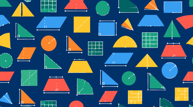 Colorful triangles, trapezoids, parallelograms, and circles with white measurement guides tile across navy blue, seamless vector illustration background of geometry education and mathematics
