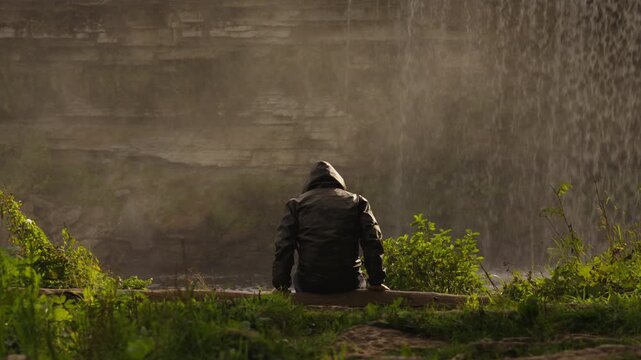 A person sits on a weathered log watching a waterfall, then stands and continues observing it. The figure and log are in sharp focus, while the falling water and rock face remain softly blurred.